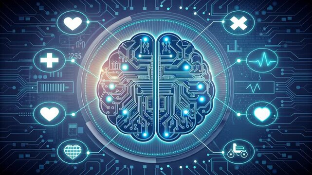 AI chatbot for healthcare support with digital brain and medical icons glowing futuristic blue light showcasing artificial