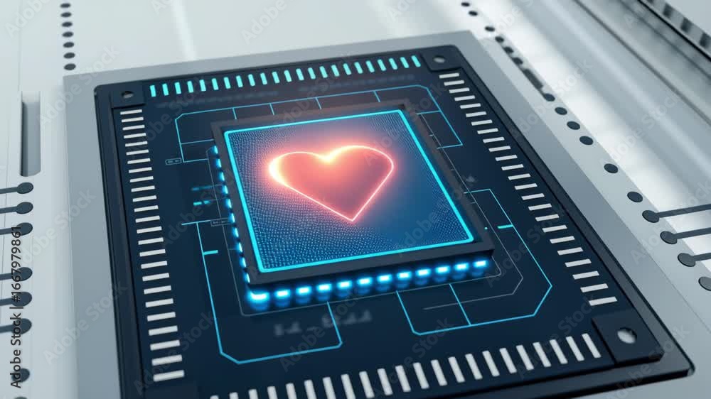 Poster ai chatbot for healthcare support glowing heart microchip circuit symbolizing advanced medical techn