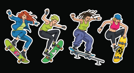 Vector art of four female skateboarders performing jumps in dynamic poses, showcasing freestyle tricks, street style, energy, and urban youth culture with a modern and colorful design