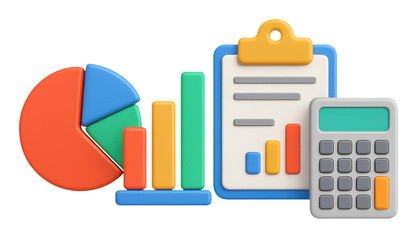 Data and Analysis: A vibrant 3D rendering showcasing essential business tools: a pie chart, bar graph, clipboard with data, and calculator, symbolizing data analysis.