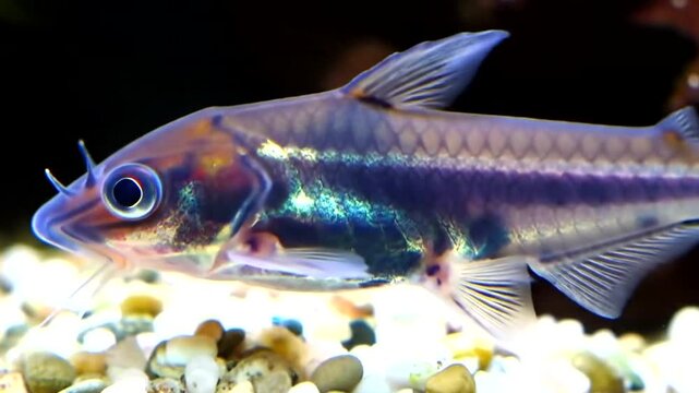 A corydoras catfish, a small freshwater fish, swims in an aquarium over a gravel substrate, its iridescent scales shimmering with blue and purple hues
