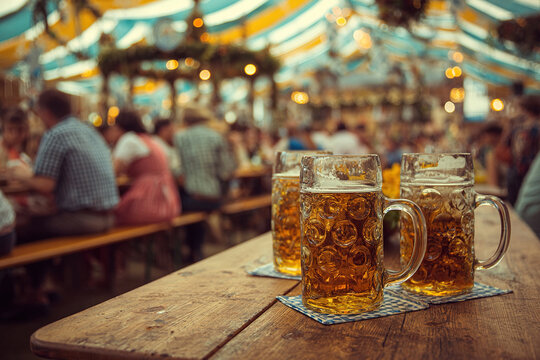 Beer mugs on coasters on a wooden table at Oktoberfest. Beer and folklore festival. Street bar.