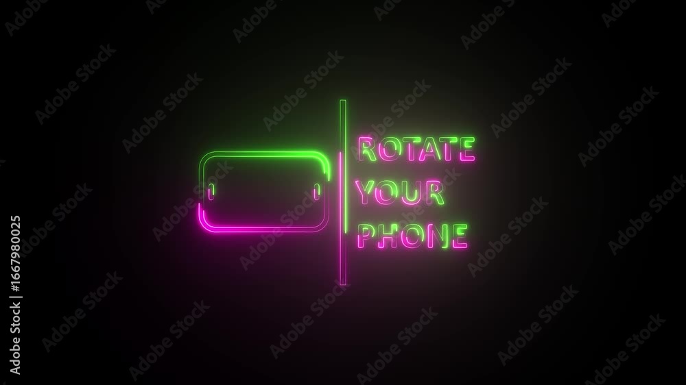 Poster glowing neon smart rotate phone sign, rotate your phone icon animation .simple technology 360 degree