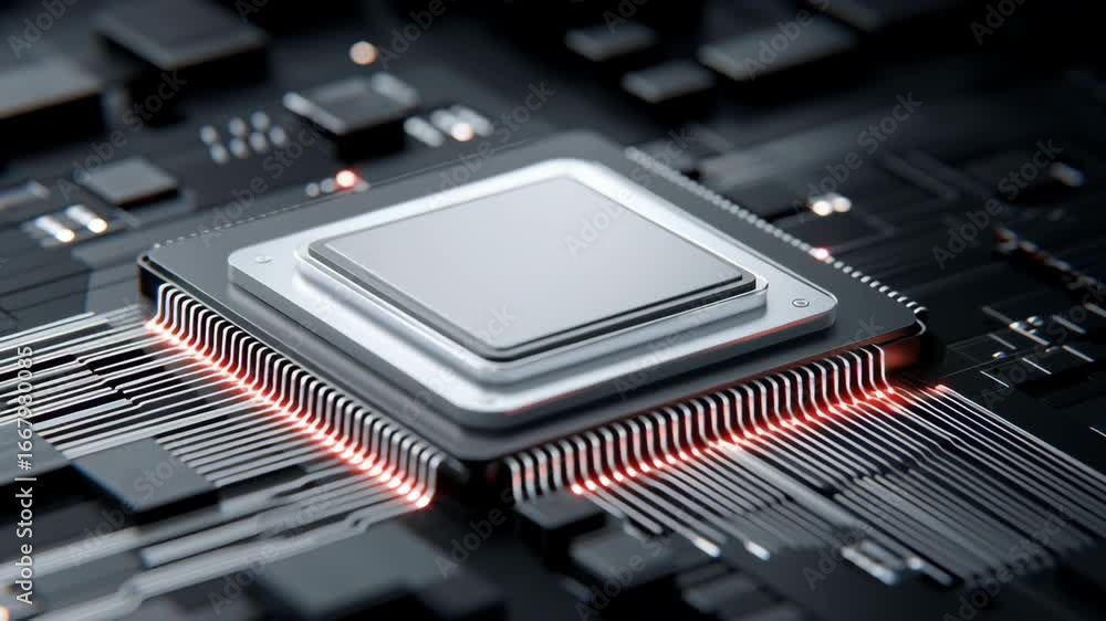 Poster high tech microprocessor on circuit board showcasing innovation in electronics, digital technology, 