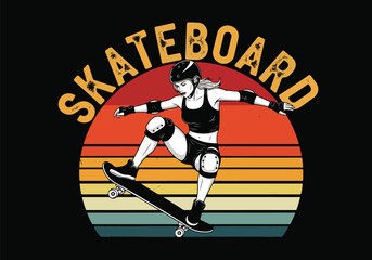 Vector art of a female skateboarder wearing protective gear performing a trick with a retro sunset background, symbolizing urban sport, safety, confidence, adventure, and active youth lifestyle