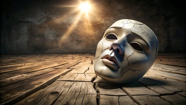 A cracked and broken mask lies on a weathered wooden floor, illuminated by a single ray of light, symbolizing vulnerability and the fragility of identity