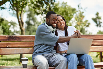 Young couple enjoying a delightful walk and sharing laughter under the sunny sky