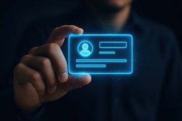 Digital ID: A person holding a futuristic, digitally-enhanced ID card, representing the concept of digital identity, access, and authentication.