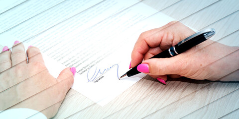 Woman signing a contract, geometric pattern