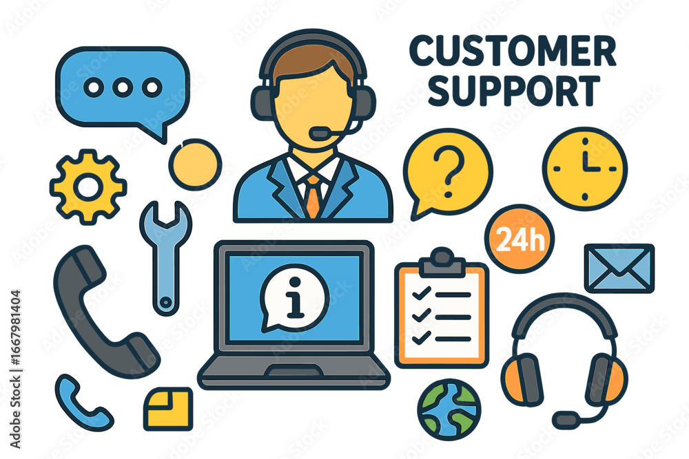 Poster customer support concept with call center agent and headset. online helpdesk service. communication 