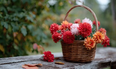 Country basket filled with red and orange aster flowers and autumn leaves, exuding a sense of coziness and comfort