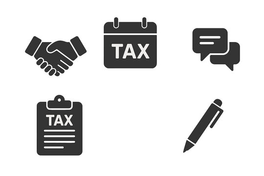 Tax consultation solid glyph icon set. Business and finance symbols for accounting services, financial advisor meeting, tax day deadline. Vector handshake, calendar, and document. - Powered by Adobe