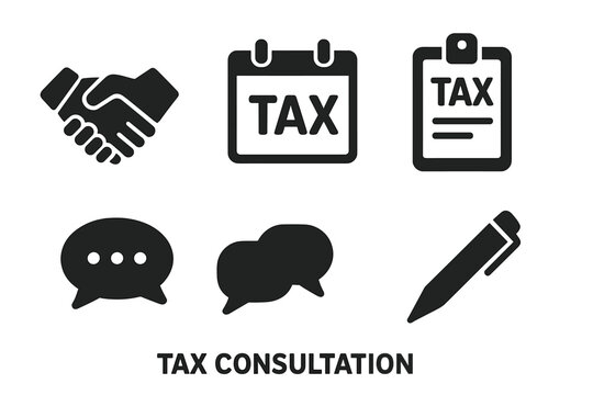 Tax consultation solid icon set. Vector glyphs for finance, accounting, and business. Includes handshake, calendar for tax day, clipboard form, and speech bubbles for advisor meeting.