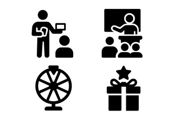 Trade show marketing icon set. Solid glyphs for exhibition & conference. Vector icons of product demo, live presentation, speaker, prize wheel game, and giveaway gift box.