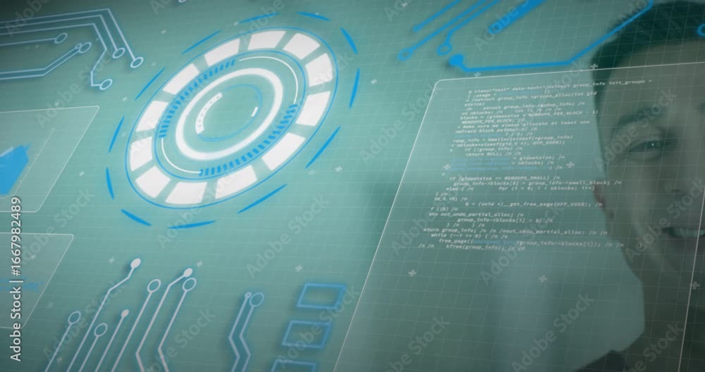 Aufkleber hud ring animating at edge starting tracings code panel sliding in beside man monitoring technology