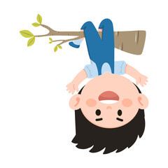 Cartoon Boy Hanging Upside Down From Tree Branch