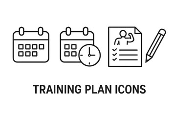 Training plan icons. Workout schedule, fitness goals checklist, exercise program. Vector outline symbols of calendar, clock, pencil. Gym routine and time management concept.