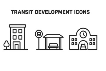 Transit oriented development icons. Outline icon set for urban planning, mixed-use building, bus stop, and train station. Public transportation vector symbols for city design.