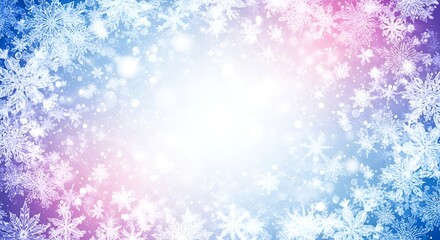 Winter snowflake frame with frosty ice crystals on blue and pink gradient background festive seasonal design
