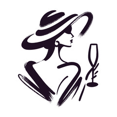 Elegant woman with hat and champagne brush stroke vector illustration © Victoria
