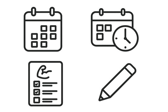 Training plan icon set. Workout schedule and fitness program concept. Calendar, checklist, gym progress tracker, and pencil icons. Time management for exercise routine. - Powered by Adobe