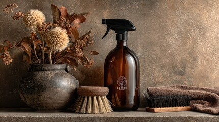 Still life of cleaning supplies and dried flowers