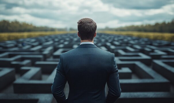 determined businessman in a suit faces a symbolic maze, representing challenges such as economic difficulties or business impasses, emphasizing the complexities of navigating, Generative AI