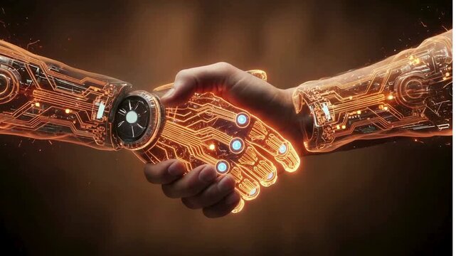 Futuristic handshake between human and AI shows tech integration and collaboration progress in advanced technology era with sparks