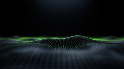 Futuristic digital landscape with green grid waves on black background