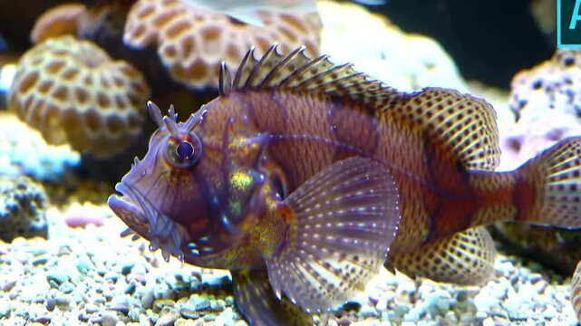 A colorful blenny fish with intricate patterns on its fins and body, positioned on a rocky substrate in an aquarium setting
