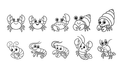 [EP.3] [.EPS] Cute Cartoon Crab and Shrimp Vector Set - Animal Outline Illustrations for Kids Coloring Book (outlines only, not layered)