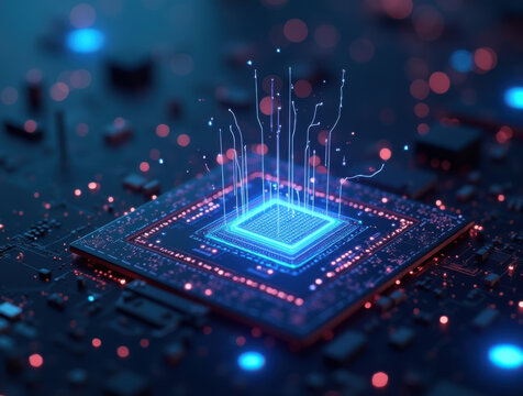 Quantum AI chip pulsating with energy in a futuristic lab