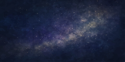 A dark blue cosmic sky with twinkling stars and a bright nebula