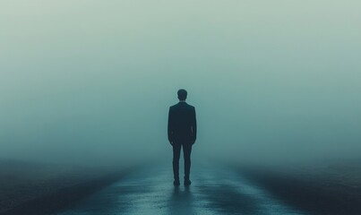 Fototapeta premium pensive businessman in a suit stands at the edge of a road that disappears into dense fog, symbolizing the uncertainty and unpredictable nature of business decisions, emphasizing, Generative AI