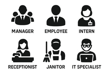 Workplace roles icons solid filled vector set including manager, employee, intern, receptionist, janitor, IT specialist, office job symbols, business personnel silhouettes, staff positions
