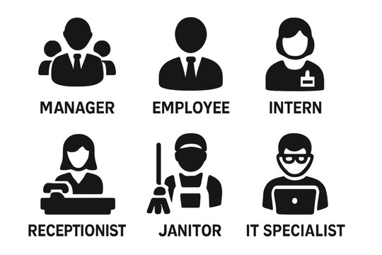 Workplace roles icons solid filled vector set including manager, employee, intern, receptionist, janitor, IT specialist, office job symbols, business personnel silhouettes, staff positions