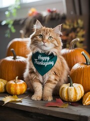 Thanksgiving Cat, Autumn Cat Portrait, Festive Cat with Pumpkins, Cute Cat Thanksgiving, Cat with Fall Decor, Pumpkin Cat Photo, Thanksgiving Pet Portrait, Autumn Holiday Cat, Cozy Cat Thanksgiving