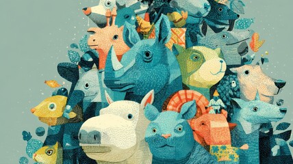 Colorful Animal Illustration with Various Stylized Creatures