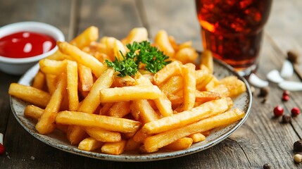French fries on a plate with onion parsley pepper and cola