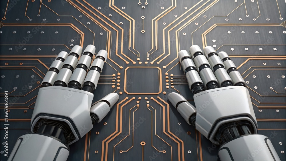 Poster robotic hands tracing circuit lines on a digital board surface