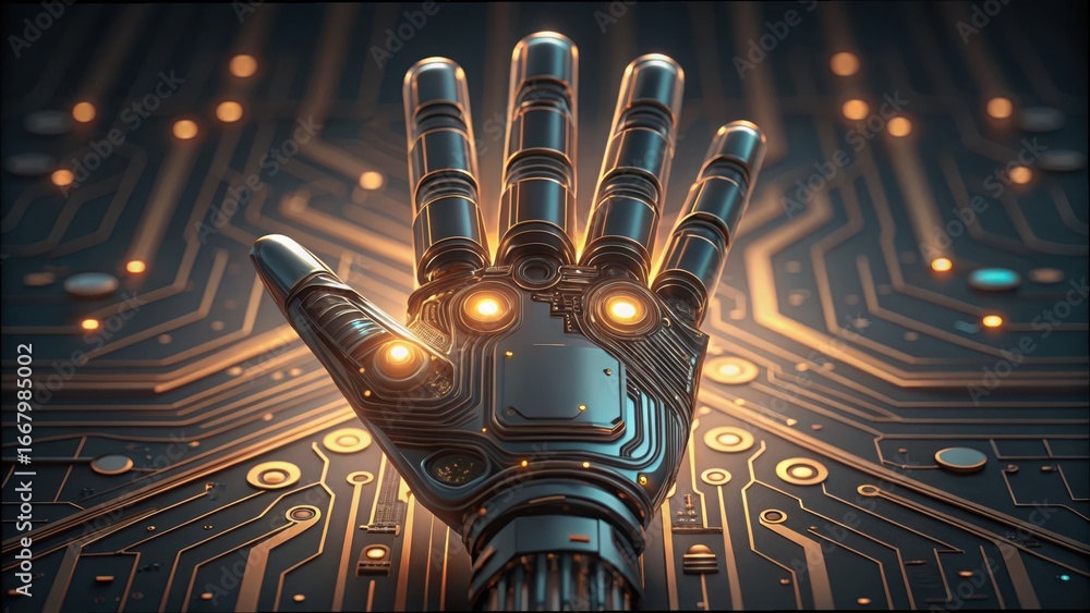 Aufkleber robotic hand tracing circuit lines with sharp details and lights
