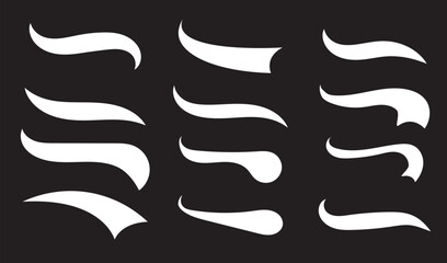 Vector black sport tails. Swoosh silhouette elements for baseball, football or athletics lettering. Baseball swoosh text tails. Sports underline curly shapes set. Swirl lines, swish or swash shapes.