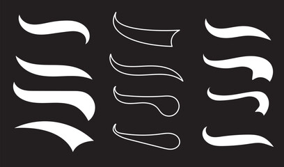 Elegant text tails swoosh Vector, calligraphy swirls for logo design, decoration. Varied thickness, curvature. Simple to complex shapes.