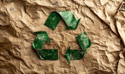 recycling symbol with three green arrows forming a loop, prominently displayed over discarded paper waste, symbolizing the need for sustainable practices and environmental, Generative AI