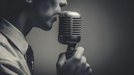 Live Podcast Recording, Speaker at Microphone, Studio, Photo, Minimalist Style, Close-Up, Self-Development Theme