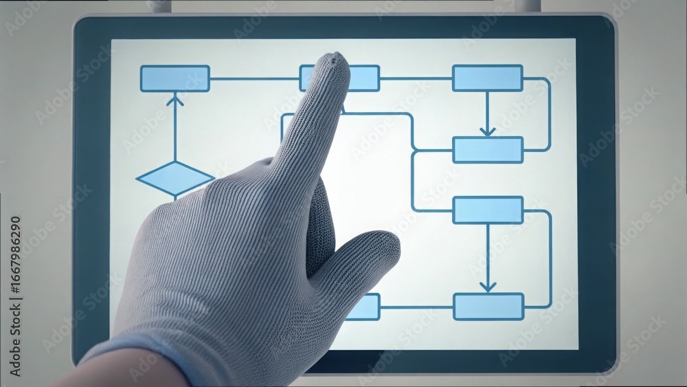 Poster gloved finger navigating automation flowchart on digital screen