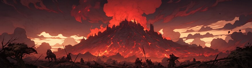 Landscape with a burning mountain. Illustration on the theme of comics and manga, fantasy and history. 