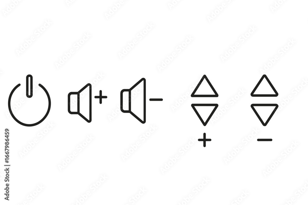 Poster remote control outline icon set. vector collection of linear buttons for tv, user interface. power, 