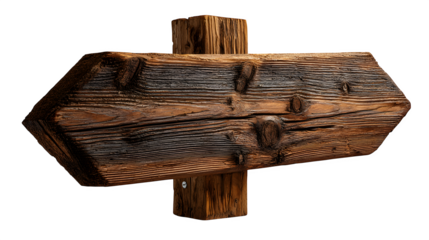 Rustic wooden directional signpost with textured grain and dark burnt edges, perfect for branding, travel, and adventure themes