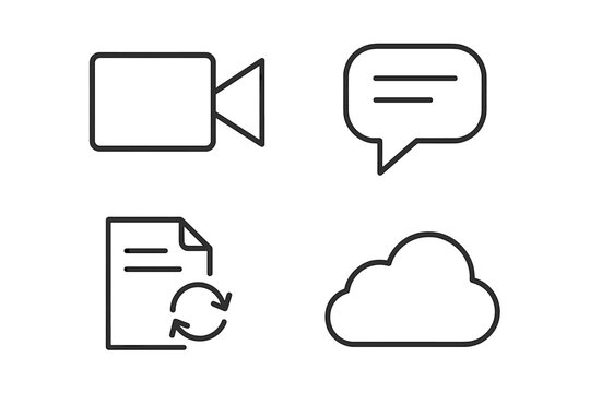 Remote work and collaboration outline icon set. Vector icons for video conference, team chat, shared documents, and cloud storage. Business communication and teamwork symbols.